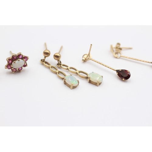 326 - A 9ct gold pair of opal and ruby cluster ear studs, an opal drop pair and a garnet drop pair, 3gm