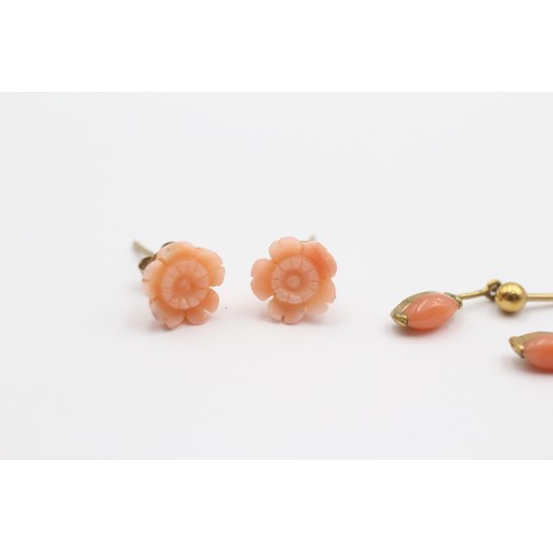 329 - Two pairs of 9ct gold mounted coral earrings, 1.4gm