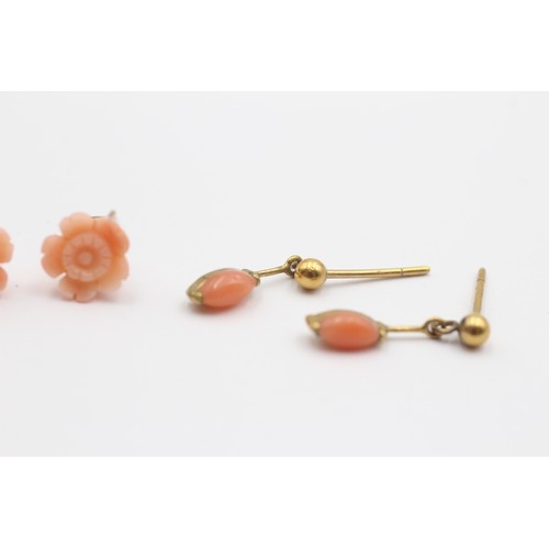 329 - Two pairs of 9ct gold mounted coral earrings, 1.4gm