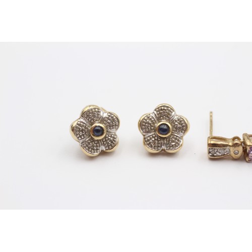 332 - A 9ct gold pair of cabochon sapphire and diamond cluster ear studs and an amethyst and diamond pair,... 