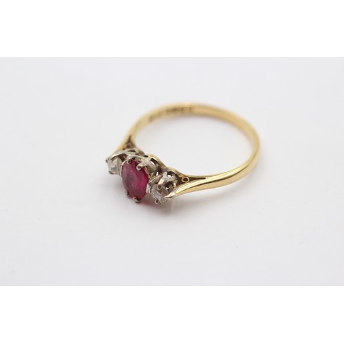 339 - An 18ct gold, synthetic ruby and old cut diamond three stone ring, Q, 3gm