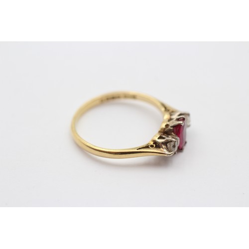 339 - An 18ct gold, synthetic ruby and old cut diamond three stone ring, Q, 3gm