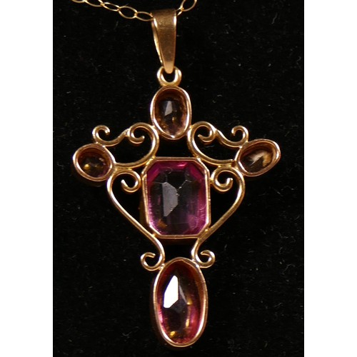 349 - An antique gold pink tourmaline and pink paste (central stone) cross pendant, tests as 9ct gold, 42 ... 