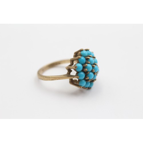 355 - A 9ct gold and turquoise glass cluster ring, 15 x 15mm, K 1/2, 4gm