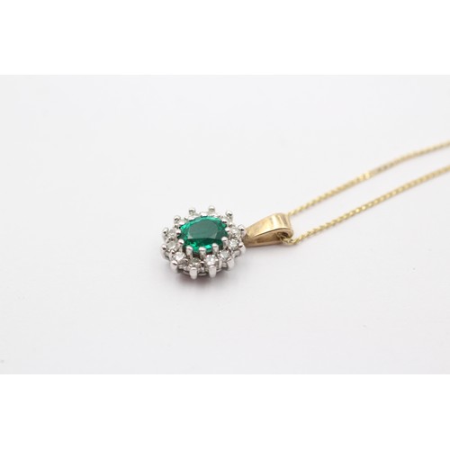 368 - A 9ct gold synthetic emerald and diamond cluster pendant, 13mm, chain, 1.6gm