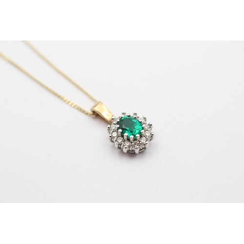 368 - A 9ct gold synthetic emerald and diamond cluster pendant, 13mm, chain, 1.6gm