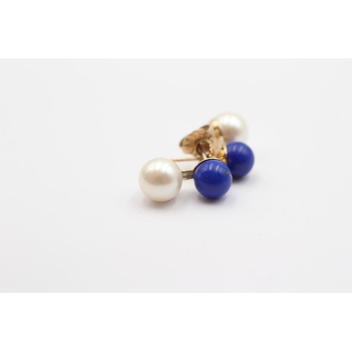 369 - A 9ct gold lapis lazuli and 7mm cultured pearl pair of ear rings