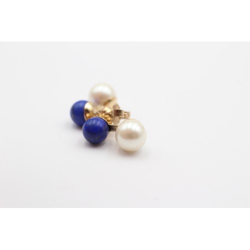 369 - A 9ct gold lapis lazuli and 7mm cultured pearl pair of ear rings