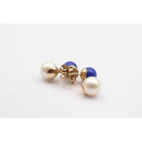 369 - A 9ct gold lapis lazuli and 7mm cultured pearl pair of ear rings