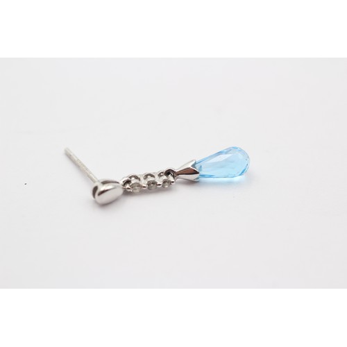 370 - A pair of 9ct white gold briolette blue topaz and brilliant cut diamond ear pendants, 22mm, 1.7gm