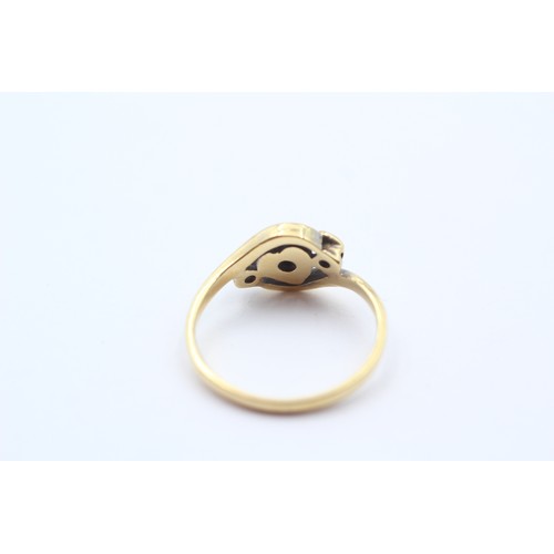 374 - A vintage 18ct gold and diamond three stone heart ring, L, 2.7gm