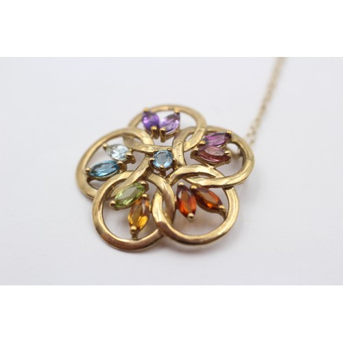 390 - A 9ct gold and multi gemset pendant, amethyst, topaz, citrine and garnet, 25mm, chain, 3.4gm