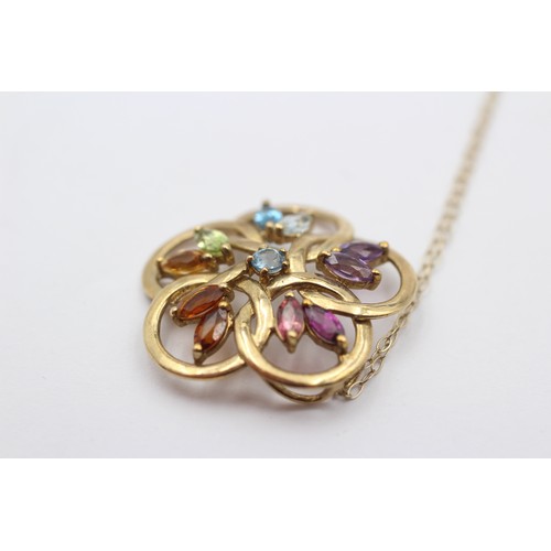 390 - A 9ct gold and multi gemset pendant, amethyst, topaz, citrine and garnet, 25mm, chain, 3.4gm