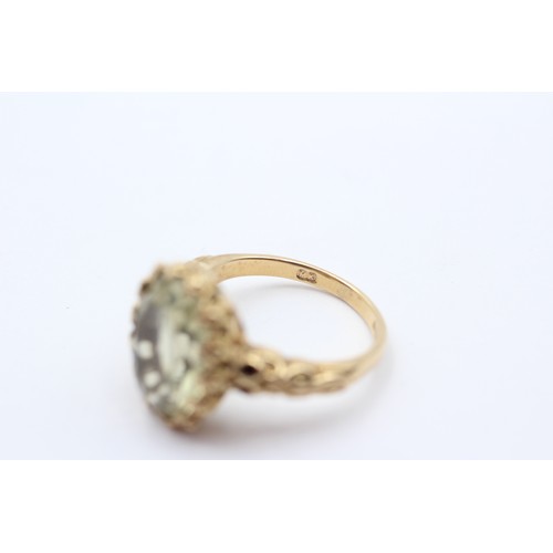 397 - A vintage 9ct gold and quartz dress ring, 14 x 10mm, carved shoulders, M, 4.9gm