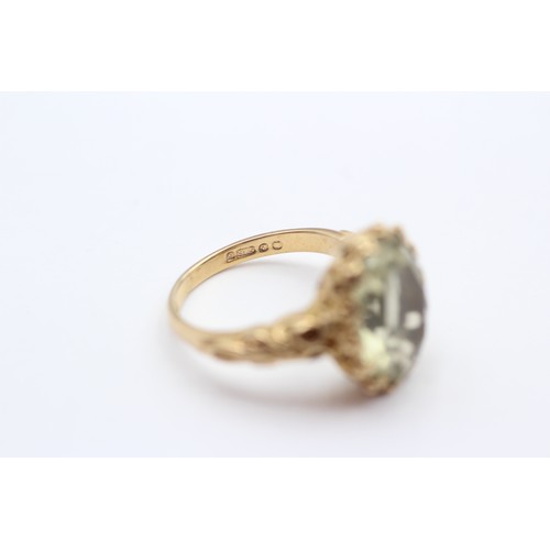 397 - A vintage 9ct gold and quartz dress ring, 14 x 10mm, carved shoulders, M, 4.9gm