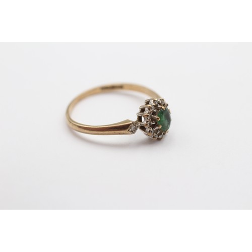 408 - A 9ct gold emerald and diamond cluster ring, R, 2.1gm