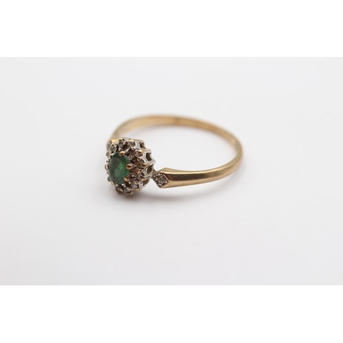 408 - A 9ct gold emerald and diamond cluster ring, R, 2.1gm