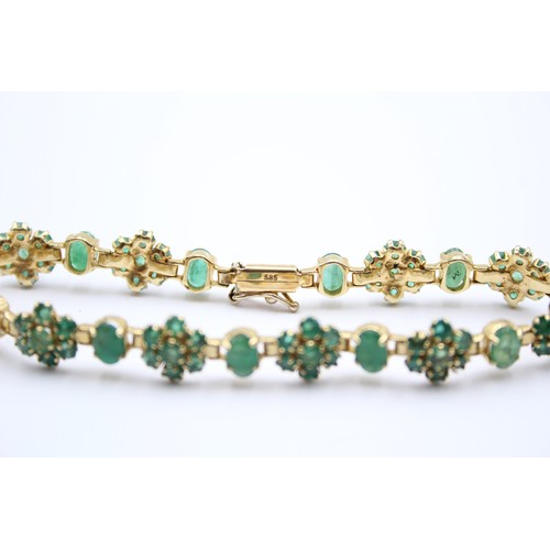 430 - A 14K gold emerald and treated emerald cluster bracelet, 18cm, 12.3gm.