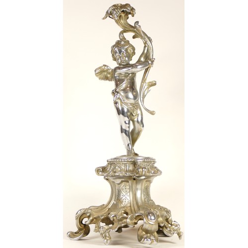 20 - A table centrepiece with cherub holding a branch, lacking dish support and other metalwares.