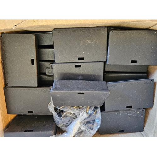 49 - A large box of plastic rodent traps, unused and a box of plastic whistles, unused