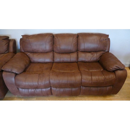 343 - A modern recliner 3 seater sofa with matching rocker/reclining armchair, upholstered in chocolate br... 
