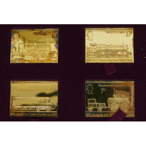 119 - Passenger Railway, 150th anniversary set of silver gilt railway stamp replicas, with COA and origina... 