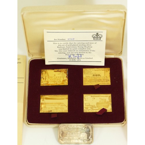 119 - Passenger Railway, 150th anniversary set of silver gilt railway stamp replicas, with COA and origina... 