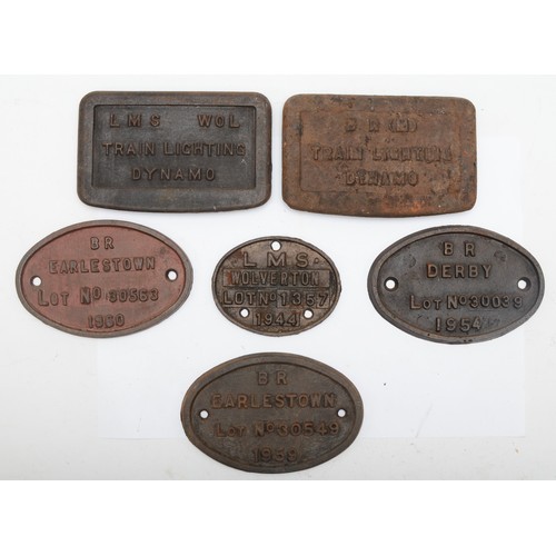 132 - Four cast-iron carriage plates (L.M.S Wolverton 1944, B.R Derby 1954, B.R. Earlestown 1959 and 1960)... 