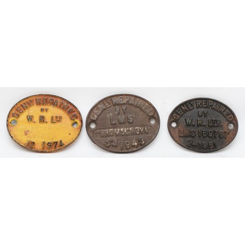 134 - Three GEN repair cast-iron plates to include L.M.S Bromsgrove (1943), W.R. ltd LMS 169767 (1961), an... 