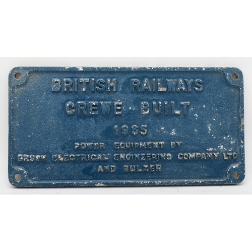 136 - An aluminium diesel works-plate, 'British Railways Crewe' built 1965, power equipment by brush elect... 