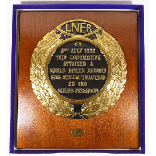 144 - A limited edition brass & black enamel LNER plaque, commemorating the Mallard world speed record, No... 