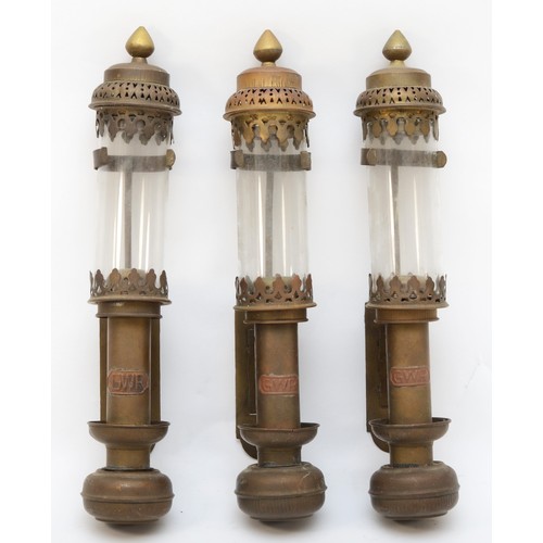 147 - Three reproduction brass bulkhead mounting railway carriage lamps, each having copper GWR plaques.