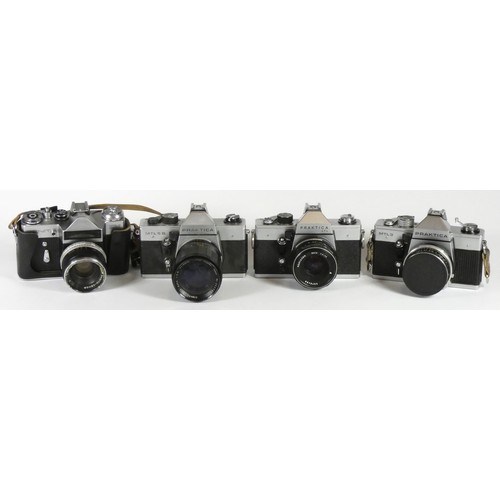 190 - Four 35mm film cameras with lenses to include a Zenit EM with a Mamiya 5.mm f2, a Praktica MTL3 with... 