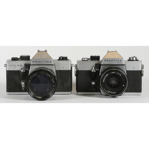 190 - Four 35mm film cameras with lenses to include a Zenit EM with a Mamiya 5.mm f2, a Praktica MTL3 with... 