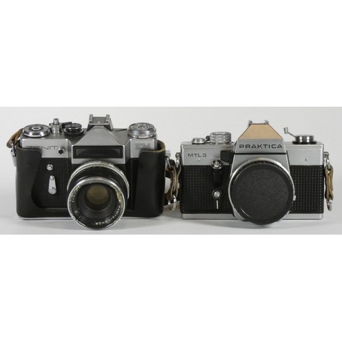 190 - Four 35mm film cameras with lenses to include a Zenit EM with a Mamiya 5.mm f2, a Praktica MTL3 with... 