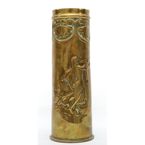 484 - Trench Art, a WWI shell casing with embossed double flute playing lady, the shell with 1917 stamping... 