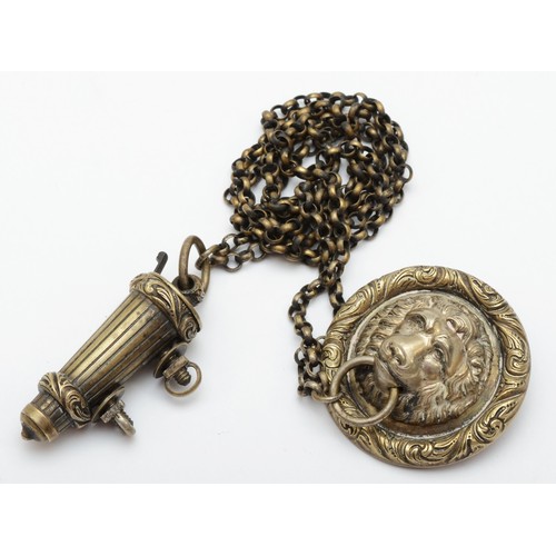 486 - A Victorian Officers nickel lions head boss, chains and whistle 57cm