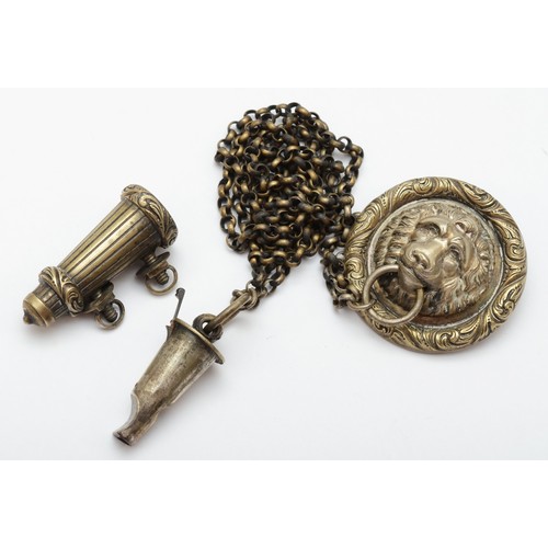 486 - A Victorian Officers nickel lions head boss, chains and whistle 57cm