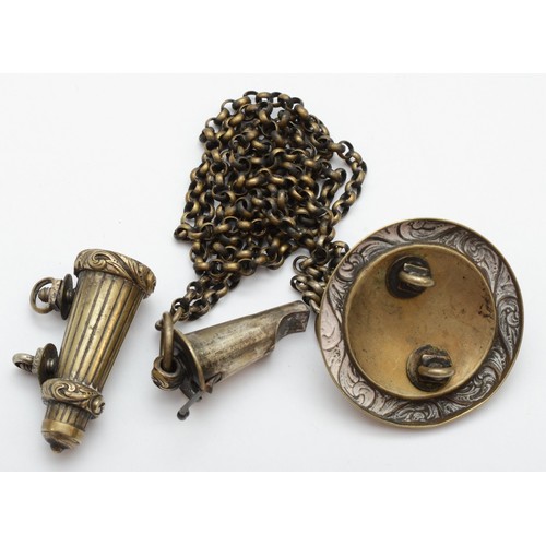 486 - A Victorian Officers nickel lions head boss, chains and whistle 57cm