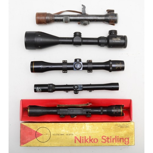 500 - Five telescopic rifle sights, comprising of a boxed Nikko Stirling 'Tiara' an Optik 9x50 AOE, a Japa... 