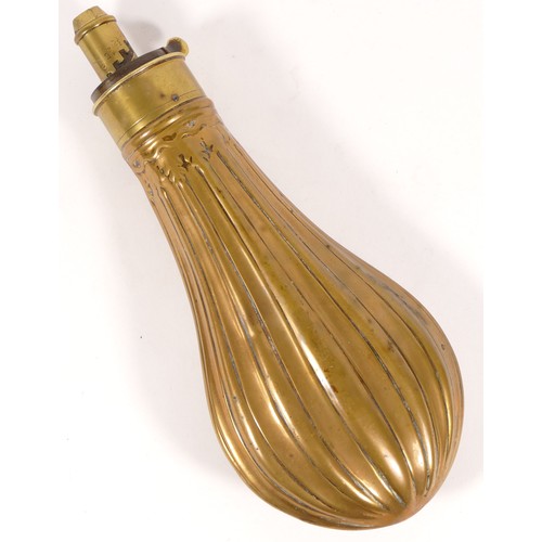 502 - A Victorian copper gunpowder shot flask, embossed with brass feeder spout, 20cm long.