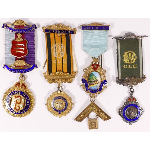 504 - Four silver gilt and enamel RAOB and Masonic jewels, 135gm