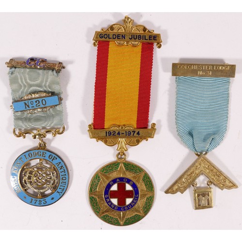 505 - Three silver gilt and enamel RAOB and Masonic jewels, 78gm