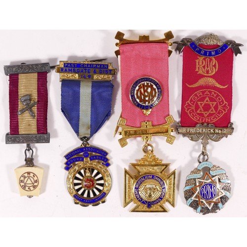 506 - Four silver gilt and enamel RAOB and Masonic jewels, 107gm