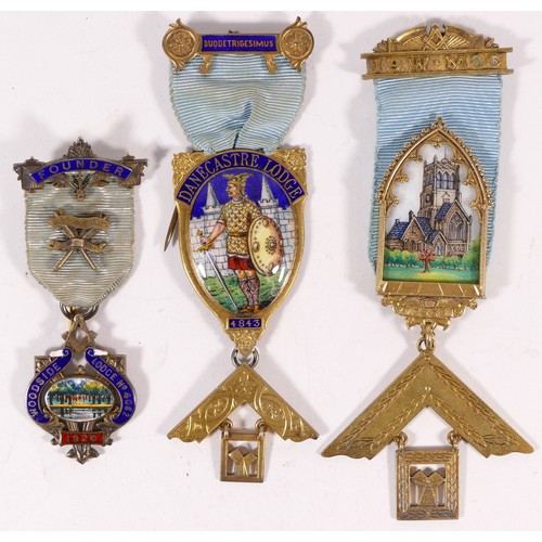 507 - Three silver gilt and enamel Masonic jewels, including Danecastre Lodge, cased, 93gm