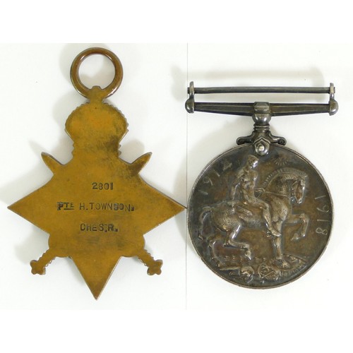 528 - WWI pair, War and 1914-15 Star, named 2801 Pte. H. Townson, Cheshire Regiment