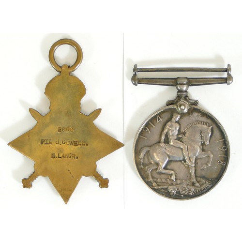 530 - WWI, pair, War and 1914-15 Star, named 2696 Pte. J. Cowell, South Lancs Regt