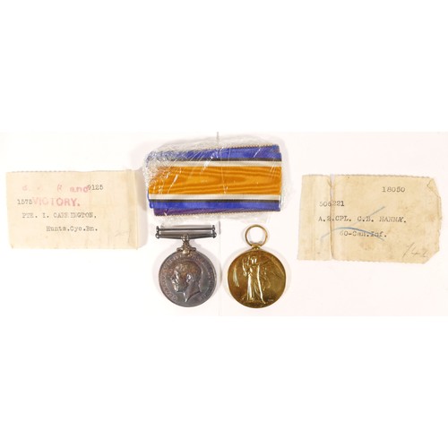 548 - WWI, War and Victory, named1575 Pte. I. Carrington, Hunts Cyc Bn, unworn, original envelopes with pa... 