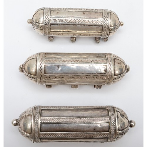 5 - Three white metal scroll holders/mezuzah, with filigree decoration, two with scrip tabs, 12, 14, and... 