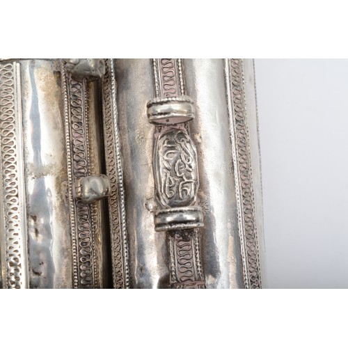 5 - Three white metal scroll holders/mezuzah, with filigree decoration, two with scrip tabs, 12, 14, and... 